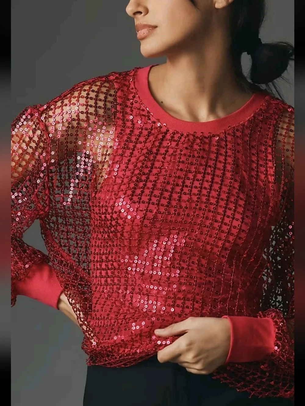Pilcro Long-Sleeve Sequin‎ Top Raspberry